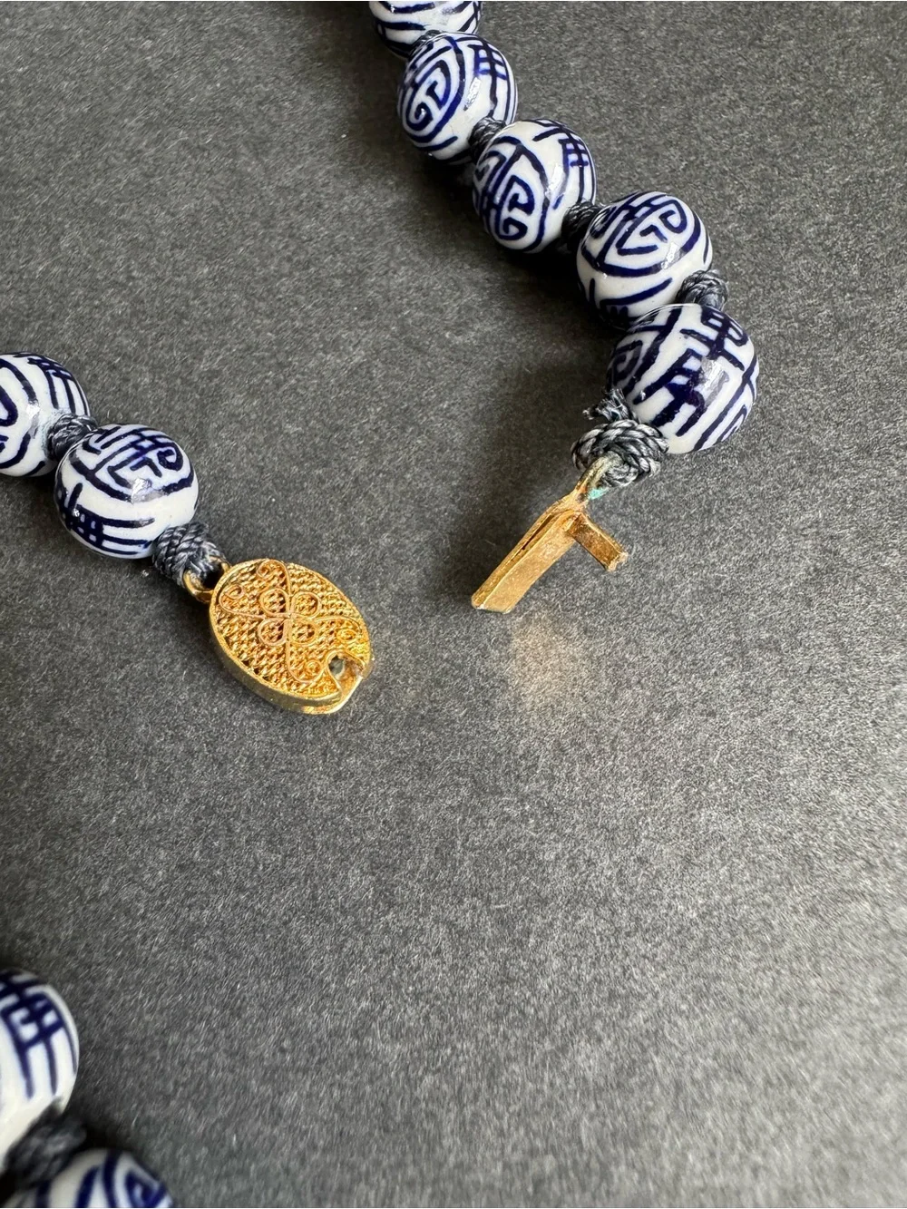 Vintage Chinese Shou Bead Necklace Blue White Porcelain Beaded Longevity 24